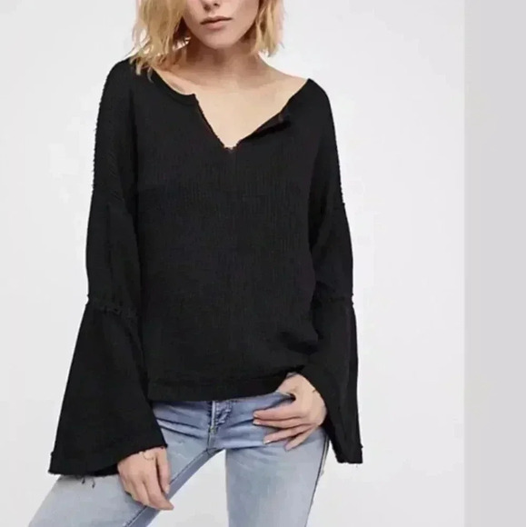 We The Free Dahlia Thermal Bell Sleeve Waffle Knit Size XS Black Top Shirt Boho - Picture 1 of 8